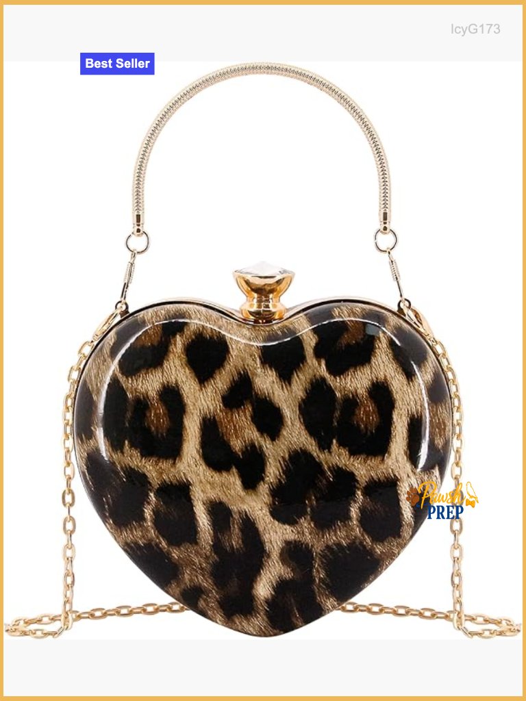 Heart Shaped Evening Clutch With Detachable Chain - Leopard Print